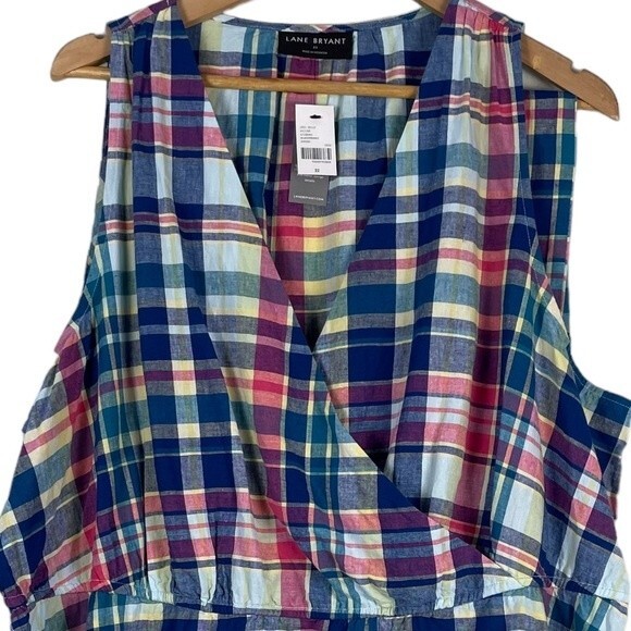 Lane Bryant Classic Surplice-Neck Belted Top 22 NEW Plaid Halter‎ Linen Cotton - Picture 4 of 14